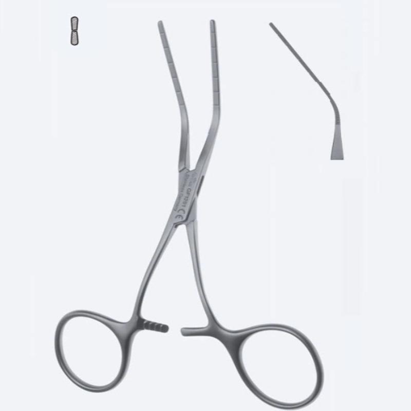 Зажими, судинні, для дитячої хірургії, зубці "De Bakey", вигнуті під кутом, довжина 105 мм, 4 1/8". Бренд - Asanus Medizintechnik Gmb, Німеччина